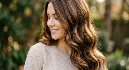 Naklejka premium Smiling woman with wavy hair in outdoor natural setting