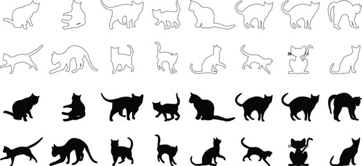 Cat animation silhouette collection. Walking, sitting, stretching, and playful feline motion poses for pet, wildlife, and creative video projects. Seamless movement asset set. © Parul