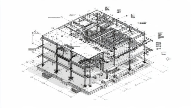 Architectural blueprint of a modern building structure with detailed construction elements and steel framework