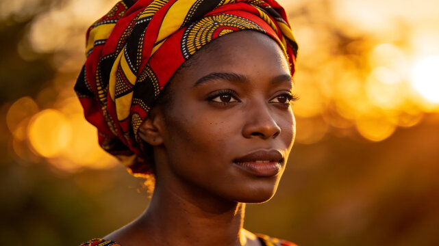 Woman wearing colorful headwrap in golden light highlighting geometric patterns and contemporary art