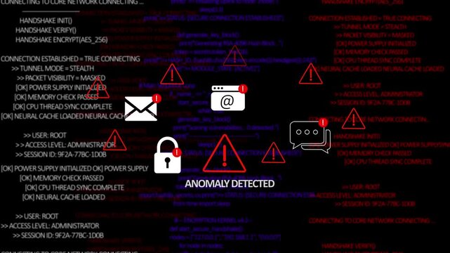 Cybersecurity Threat Detection and Data Breach Visualization with Warning Signs and Binary. 4K Digital Threat Interface Motion Video.