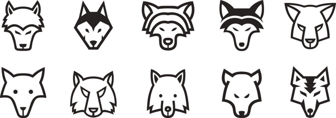 Fototapeta premium Collection of wild animal face icons featuring fox, wolf, boar, bear, and feline characters. Minimal line art mascot set for logos, branding, and nature designs. Modern vector animal heads.