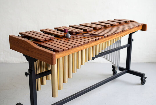 Wooden marimba with golden resonators and two mallets resting on the keys in a bright room