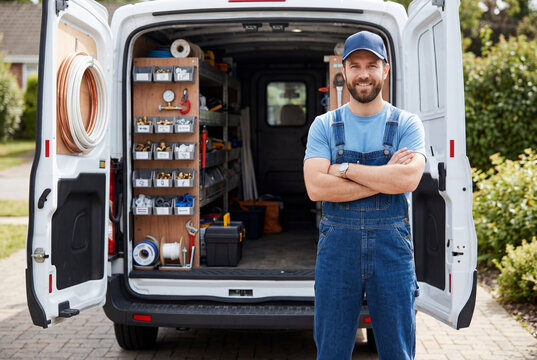 Smiling male plumber in blue overalls standing with crossed arms in front of a white work van