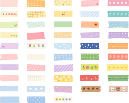 This is a set of masking tapes featuring pastel colors and cute decorations. It includes a variety of designs, such as hearts, ribbons, smiles, and tulips, and features charming illustrations that are