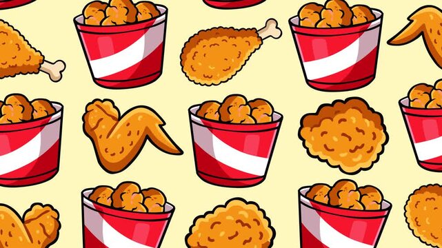 Seamless looping pattern featuring crispy fried chicken pieces, wings, drumsticks, and takeaway buckets. Perfect for fast food promotions, restaurant branding, menu displays, advertising