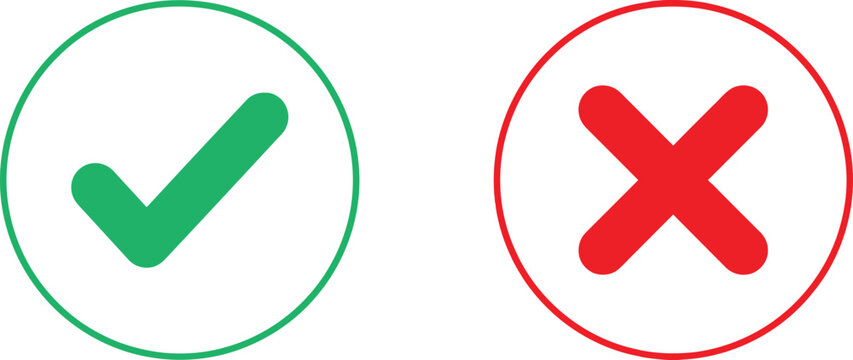 Green check mark and red cross sign icon set for survey choice and correct or incorrect selection