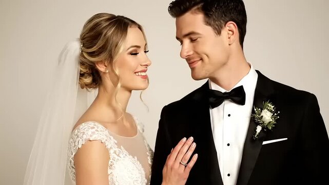 Happy Bride and Groom Posing Together on Wedding Day.