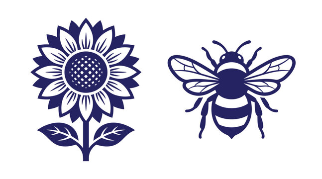 Dark blue icon set showing a single sunflower and a buzzing honey bee with sunflower honeybee pollinator illustration wildlife botanical agriculture environment isolated silhouette
