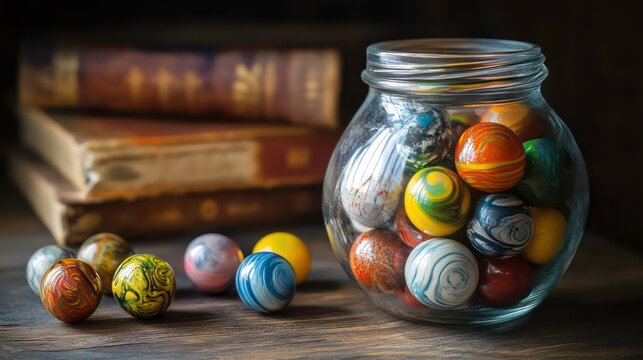 A glass jar filled with colorful marbles, each with a unique pattern, against a dark wooden backdrop