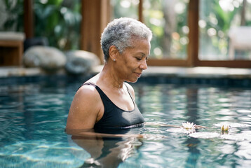 Fototapeta premium Older black woman in swimming pool looking at water lily with serene expression