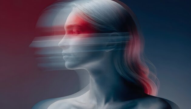 Clean side profile portrait of a woman with a strong horizontal speed trail. Forward movement and fast thinking concept. Female head silhouette fading into parallel blur lines