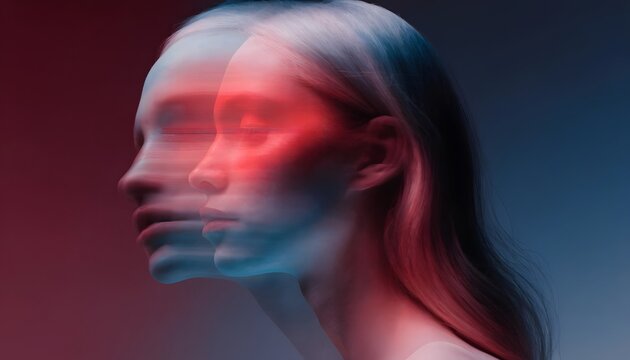 Abstract motion blur of a womans profile face. Mental health concept and psychological state. Woman experiencing a double exposure echo effect.
