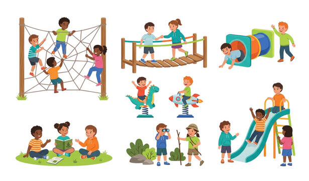 School Yard Playground Adventure with Happy Children Vector Illustration Set