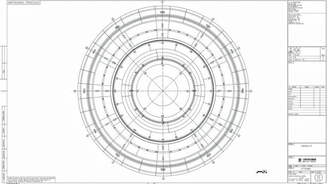 Technical blueprint of a circular mechanical component with detailed measurements and structural elements