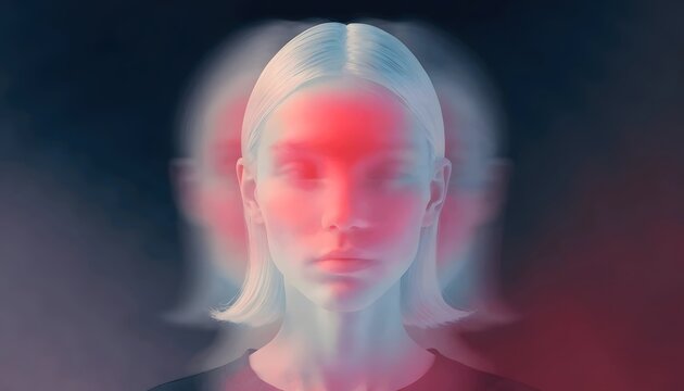 Triple face echo of a woman facing forward with motion blur. Split personality and cognitive dissonance. Female avatar emerging from a dark abstract space.