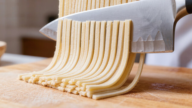 Chef cutting fresh homemade pasta dough with a sharp knife on a wooden cutting board, close up view of the food preparation process in a professional kitchen