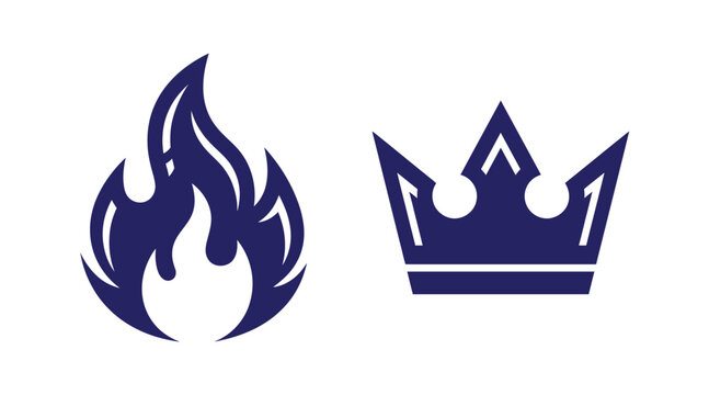 Set of fire flame and royal crown silhouette icons with monarchy silhouette abstract authority leadership prestige fireworks medieval illustration decoration dramatic