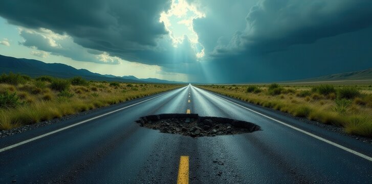 Aged highway swallowed by massive potholes, thunderous clouds overhead , obstacle, struggle
