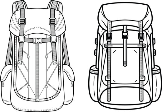 Technical flat fashion sketches of outdoor trekking backpacks with straps and pockets for travel gear design