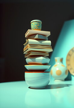 Impossible balanced stack of ordinary objects, dreamlike, retro 1970s aesthetic