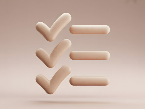 3D rendering of beige checkmarks and equals signs floating in a minimalist, soft-lit environment.