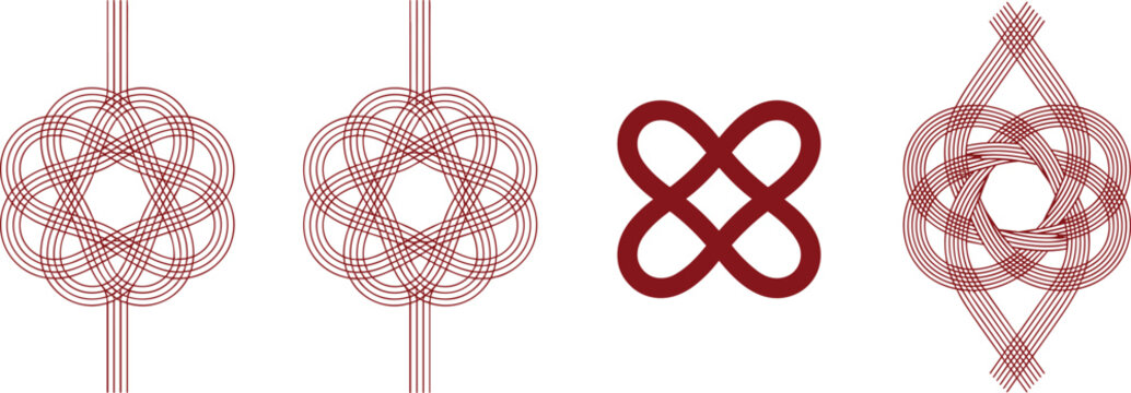 Traditional Japanese mizuhiki or Chinese knot vector set with red decorative cord patterns for lunar new year greeting card design graphics.Traditional Japanese mizuhiki or Chinese knot vector set wit
