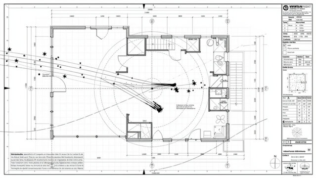 Architectural blueprint of a spacious interior with detailed layouts and structural elements