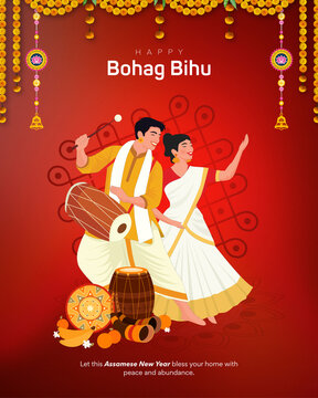 Red and Yellow Illustrated Bohag Bihu Greetings