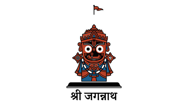 Lord jagannath deity with flag and text, hindu god, isolated on transparent background