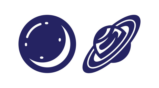 Minimalist dark blue icons of a crescent moon and saturn planet with celestial astronomy universe silhouette astrology minimalist crescent astrophysics exploration