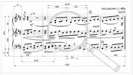 Fototapeta premium Magnifying glass over a detailed technical musical score with annotations and measurements