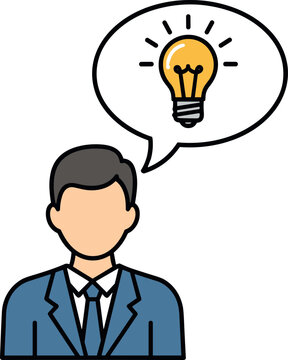 Businessman character avatar with a glowing light bulb idea inside a speech bubble representing corporate innovation brainstorming and creative thinking vector illustration