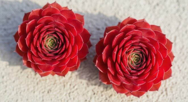Two vibrant red succulent plants on a textured surface