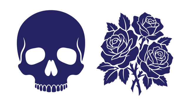 Dark blue artistic graphic of a human skull and a floral rose arrangement with skeleton illustration romantic botanical contrast isolated background symbolic decorative ornament arrangement
