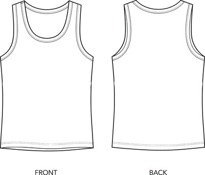 Unisex tank top vest flat fashion technical sketch illustration with front and back view