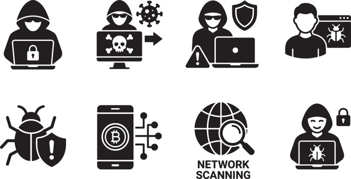 Cyber security and hacking icon set featuring digital threats malware protection data breach and network scanning in flat vector