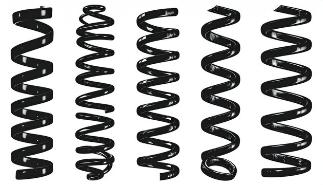 Collection of Five Black Metal Coil Springs on White Background.