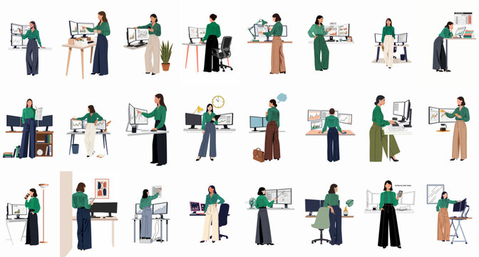 Collection of flat vector illustrations featuring a professional businesswoman analyzing financial data, market charts, and trading on multiple computer monitors in various office settings.