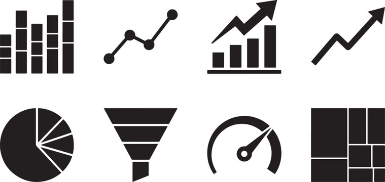 Set of black business data analysis icons including bar charts, line graphs, pie charts, funnels, and speedometers