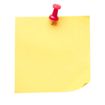 A single bright yellow sticky note with a red pushpin holding it in place isolated on transparent background transparent background