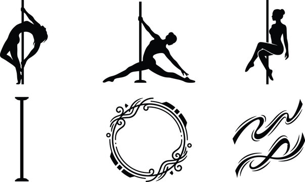 Pole Dance Silhouette Kit with Decorative Flourish Frame and Wave Elements for Fitness Studio Logos, Badges, and Choreography School Branding Layouts