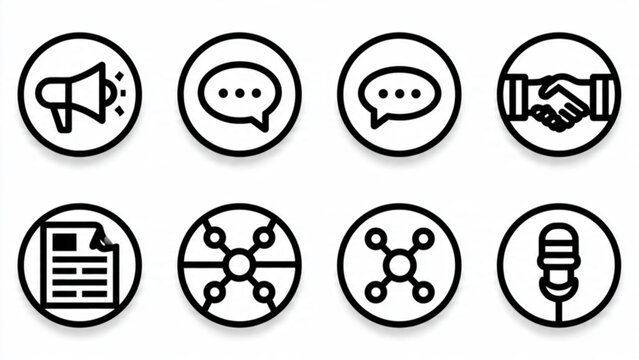 Collection of communication icons featuring chat speech bubble message network and sharing visuals in black outline style