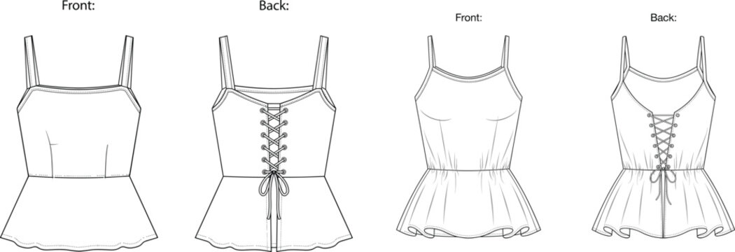 Womens camisole top with lace-up back detail and peplum hem flat fashion technical sketch illustration