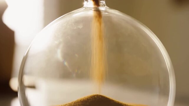 Close-up of hourglass with golden sand flowing on tabletop