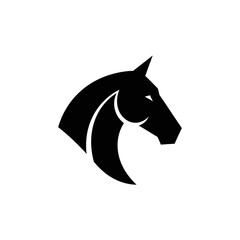 Black silhouette of a horse's head with a mane and pointed ears on a white background © rahmat