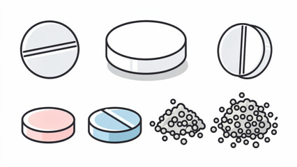 Fototapeta premium Illustration of various tablet forms including round, capsule, and divided pills with different colors and textures for medication concepts