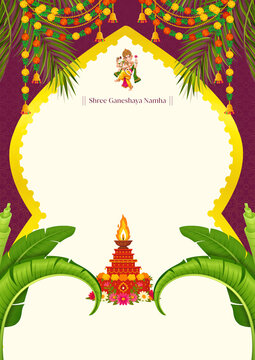 Purple and Green Traditional Griha Pravesh Ceremony Invitation 