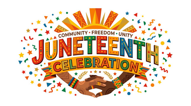 Juneteenth celebration graphic with colorful text and united hands