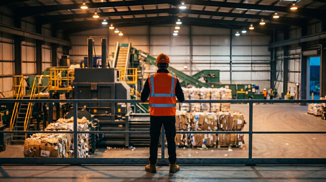 Industrial worker in safety vest, back view with hard hat, standing and supervising warehouse floor, recycling facility with cardboard bales, industrial photography